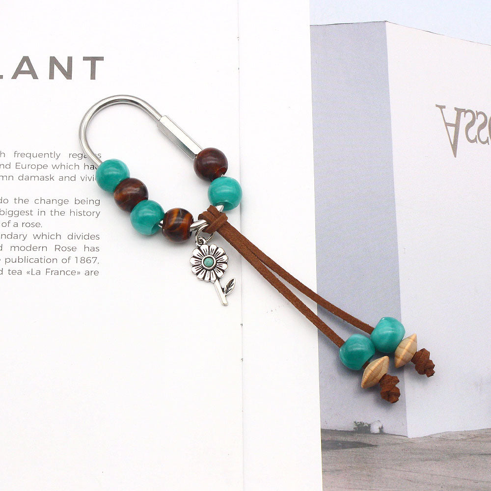 Beaded Western Keychain with Suede Tassel Drops - A