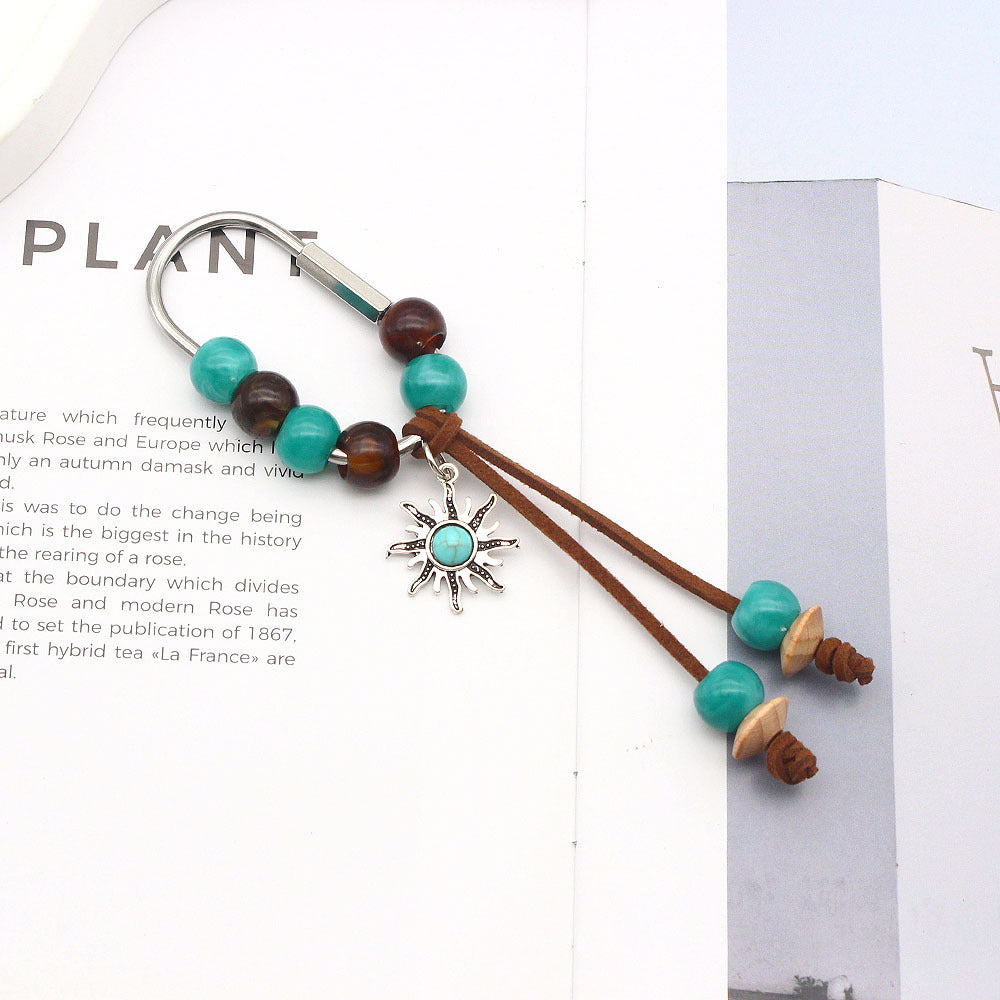 Beaded Western Keychain with Suede Tassel Drops - B