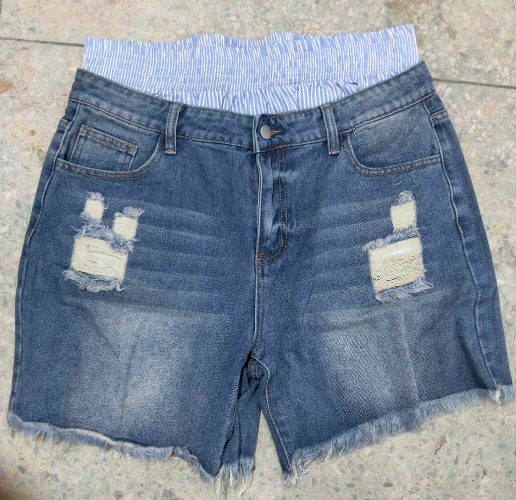 Distressed Denim Shorts With Smocked Waistband - Blue - 1