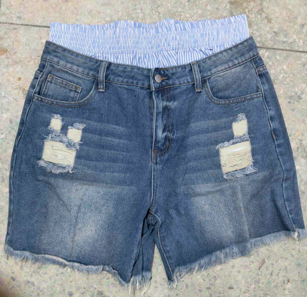 Distressed Denim Shorts With Smocked Waistband - Blue - 1