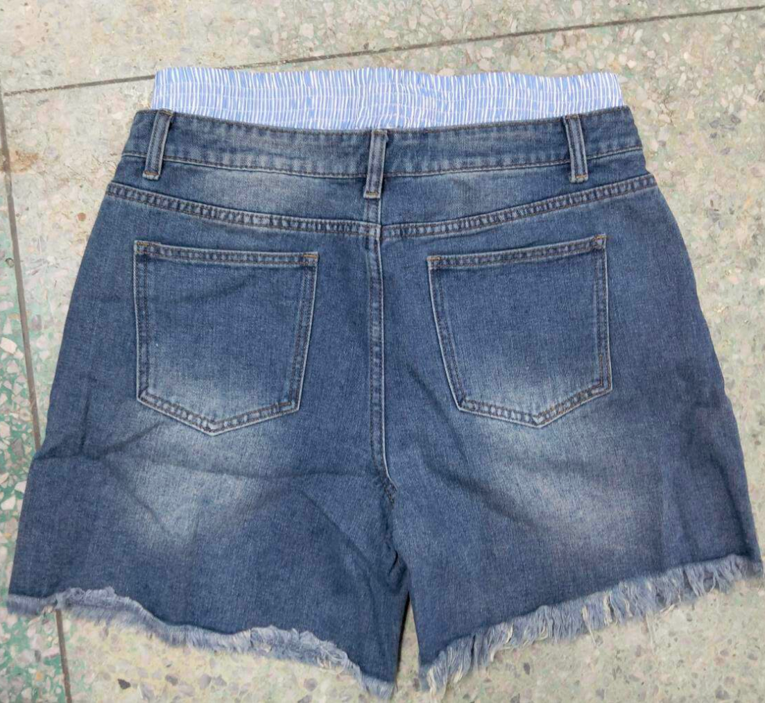 Distressed Denim Shorts With Smocked Waistband - Blue - 4