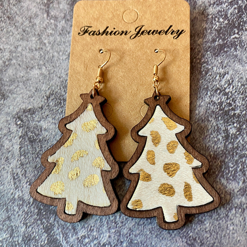 Wood Christmas Tree Drop Earrings - A