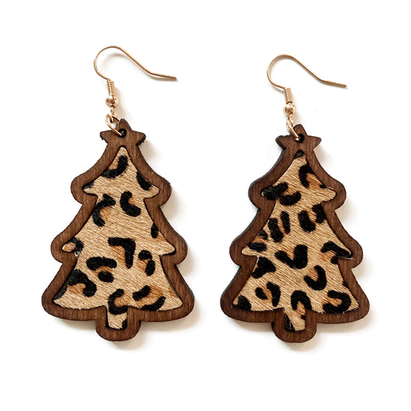 Wood Christmas Tree Drop Earrings - B - 1