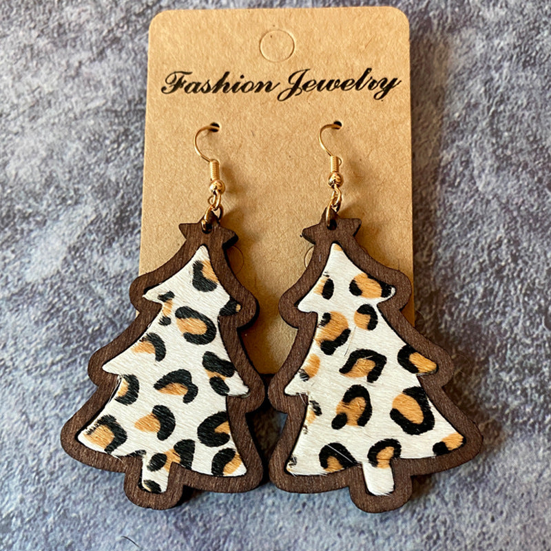 Wood Christmas Tree Drop Earrings - C