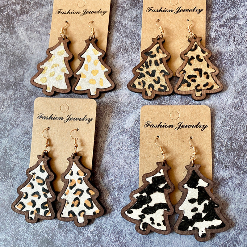 Wood Christmas Tree Drop Earrings - view 1