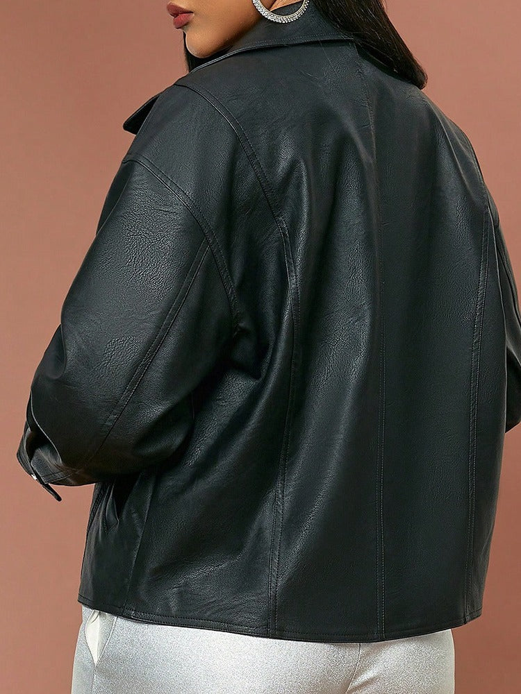 Asymmetric Zip Faux Leather Biker Jacket - Black - 2