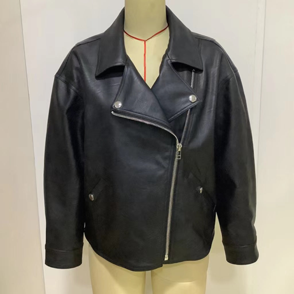 Asymmetric Zip Faux Leather Biker Jacket - Black - 3