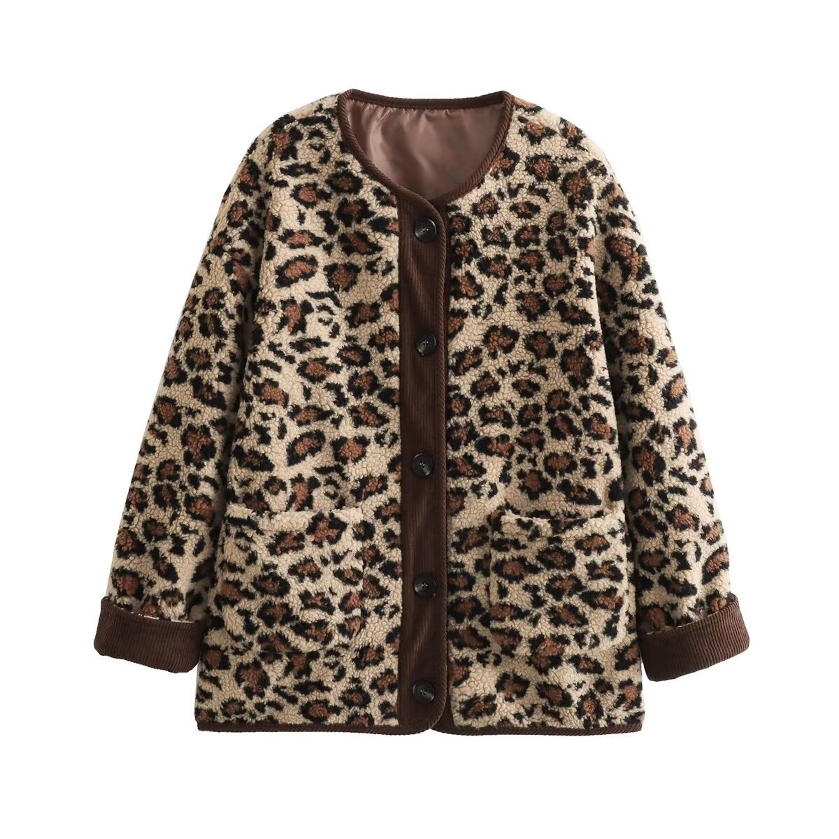Leopard Print Teddy Collarless Jacket - Leopard