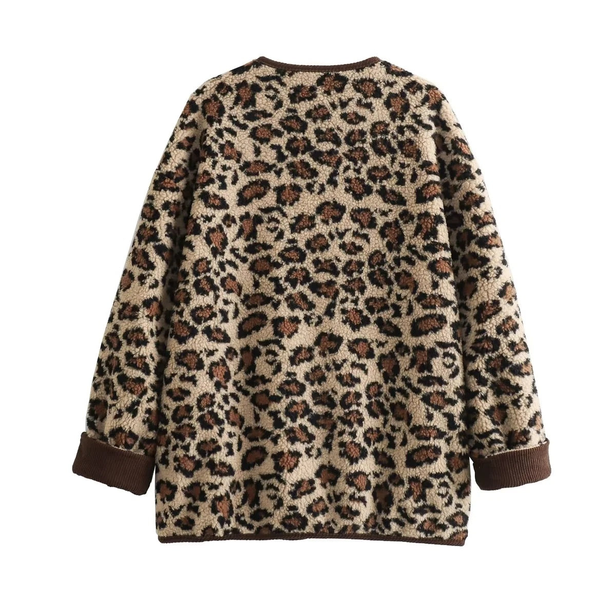 Leopard Print Teddy Collarless Jacket - Leopard - 1