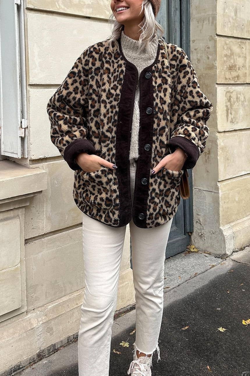 Leopard Print Teddy Collarless Jacket - Leopard - 13