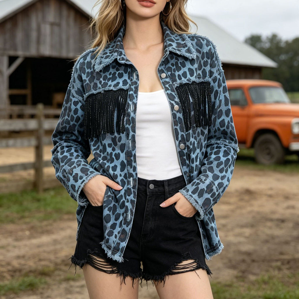 Leopard Print Denim Jacket with Fringe and Raw Hem - Blue