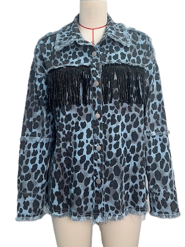 Leopard Print Denim Jacket with Fringe and Raw Hem - Blue - 1
