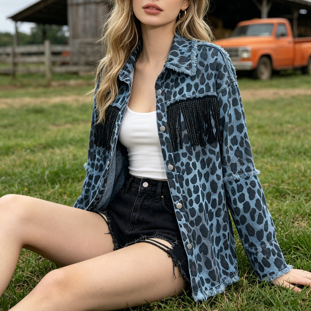 Leopard Print Denim Jacket with Fringe and Raw Hem - Blue - 3