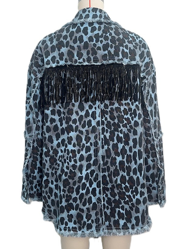 Leopard Print Denim Jacket with Fringe and Raw Hem - Blue - 5