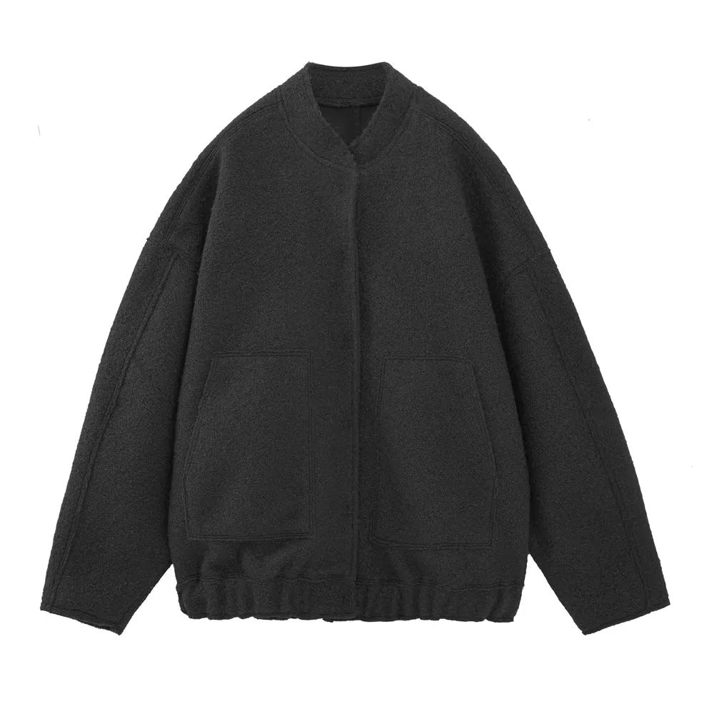 Boucle Stand Collar Patch Pocket Coat - Black