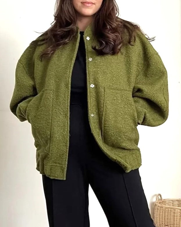 Boucle Stand Collar Patch Pocket Coat - DarkGreen