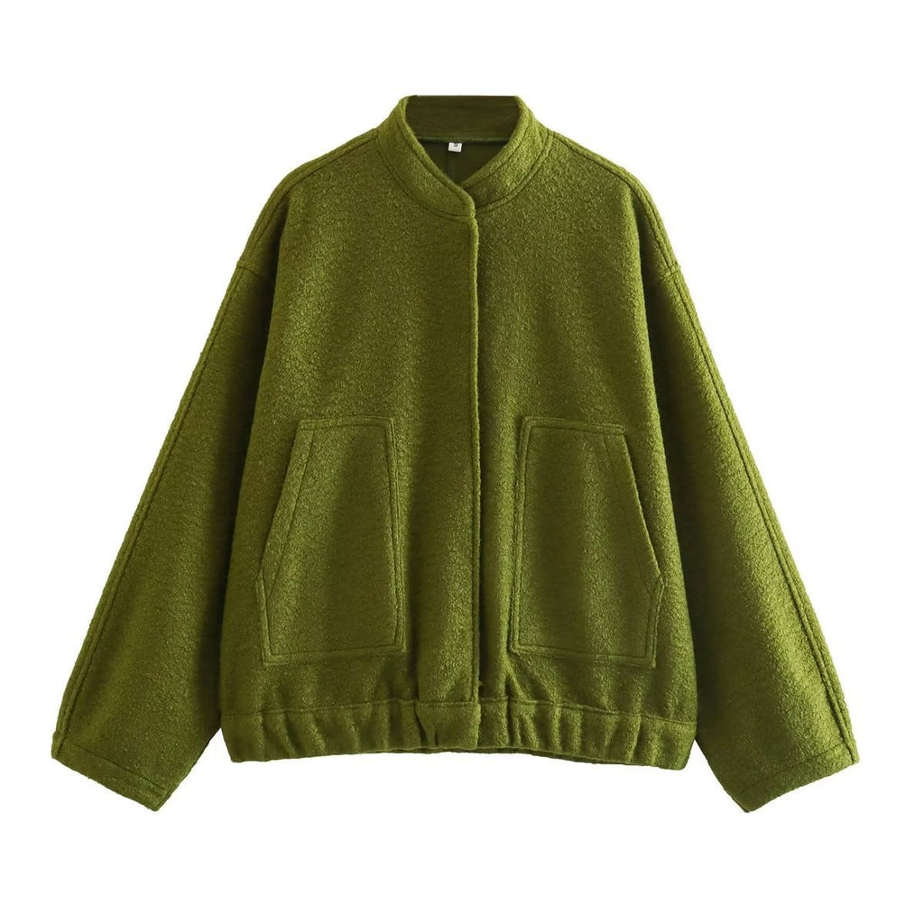 Boucle Stand Collar Patch Pocket Coat - DarkGreen - 1