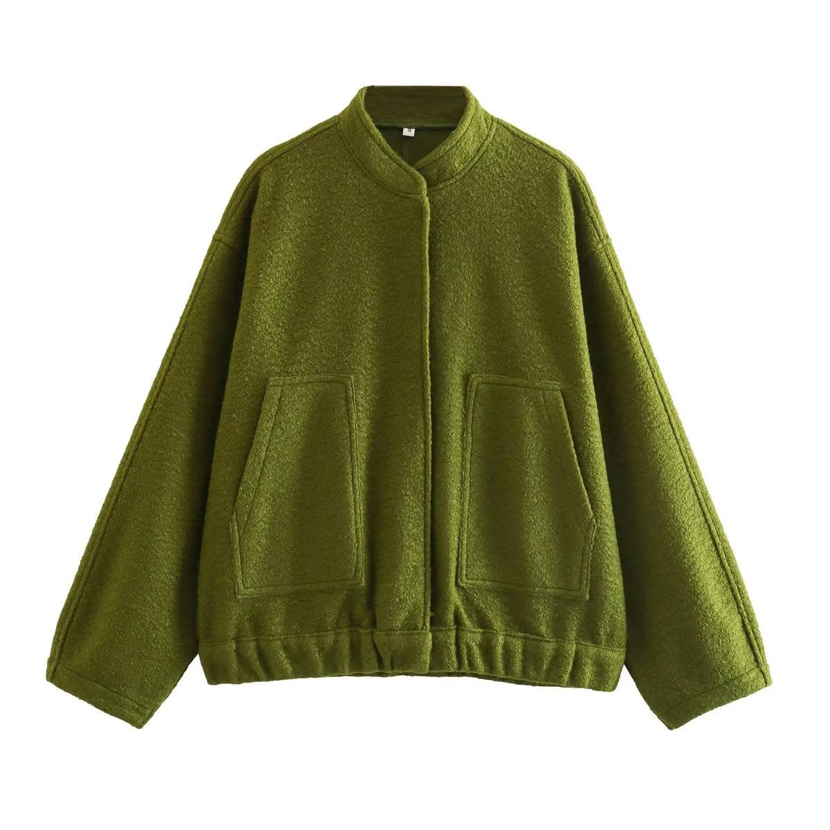 Boucle Stand Collar Patch Pocket Coat - DarkGreen - 1
