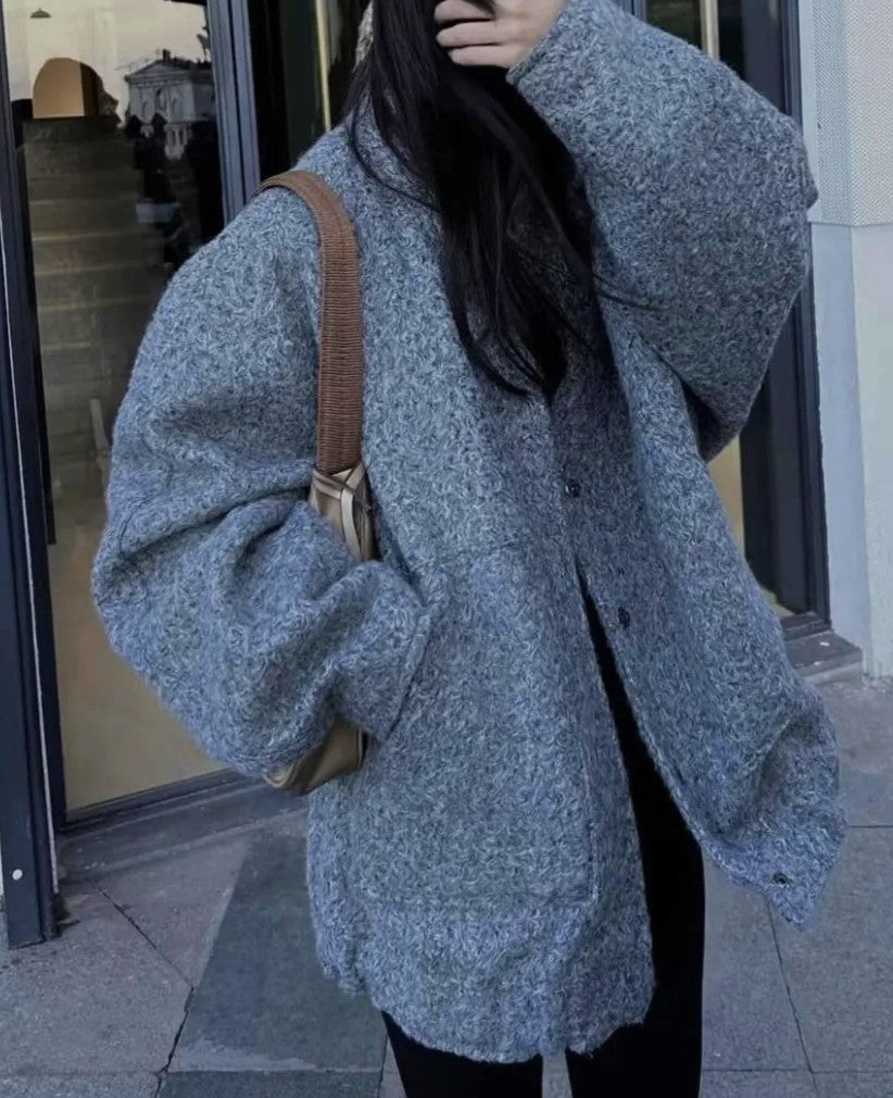 Boucle Stand Collar Patch Pocket Coat - DarkGrey