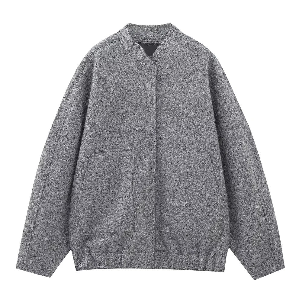 Boucle Stand Collar Patch Pocket Coat - DarkGrey - 1