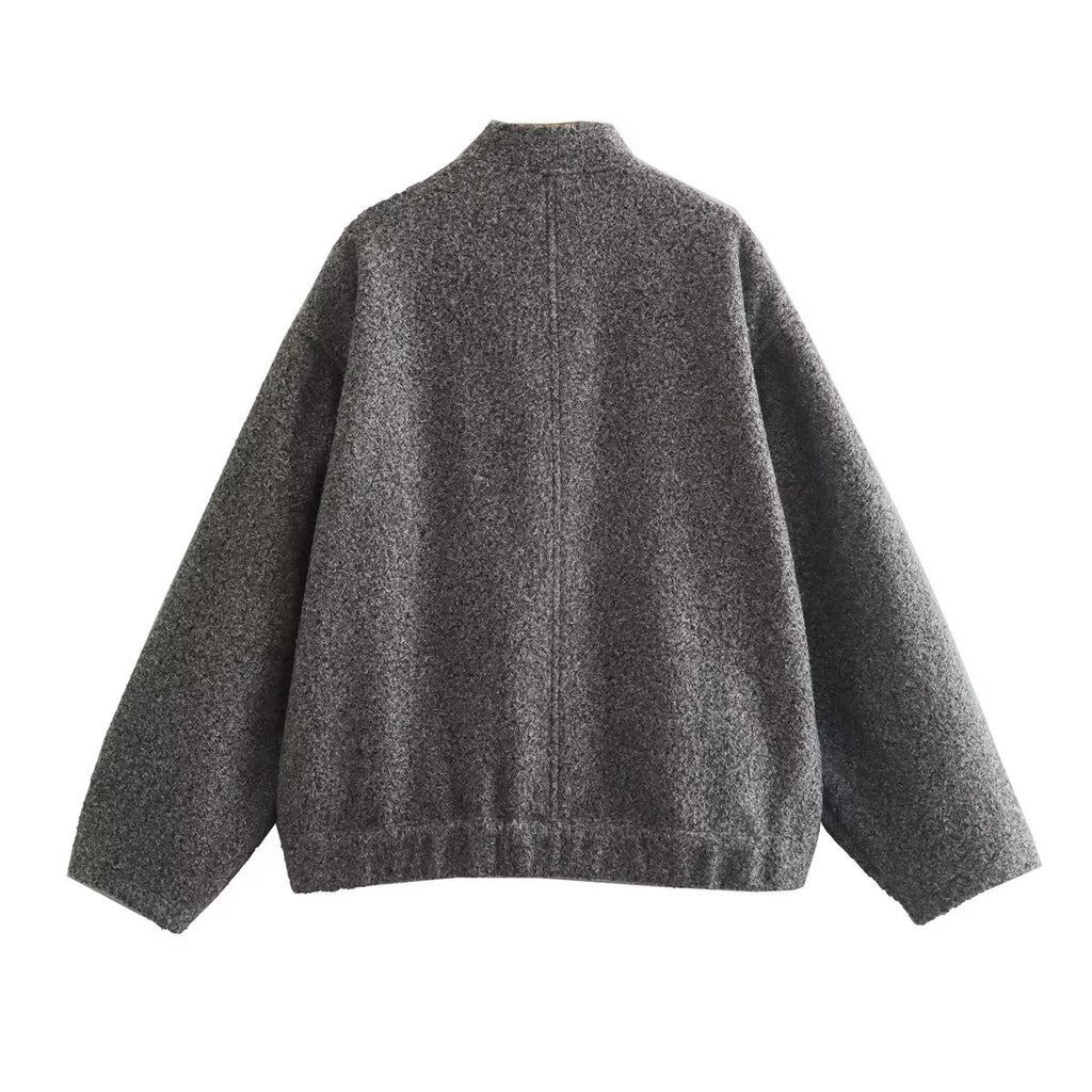 Boucle Stand Collar Patch Pocket Coat - DarkGrey - 3