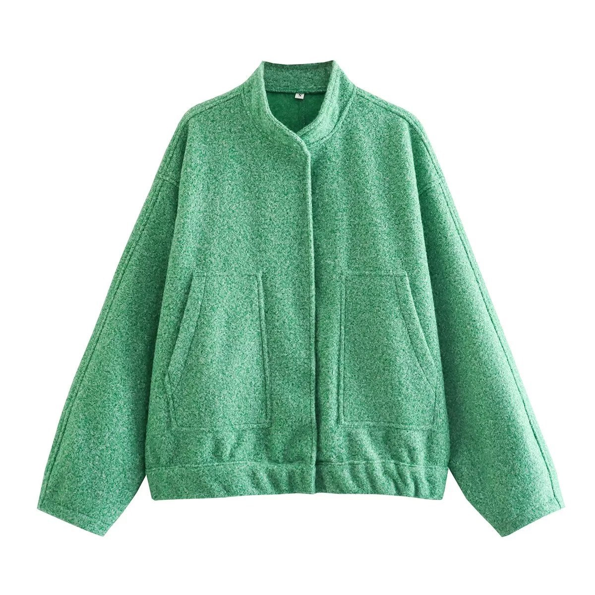 Boucle Stand Collar Patch Pocket Coat - Green