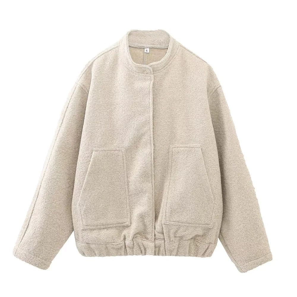Boucle Stand Collar Patch Pocket Coat - Grey