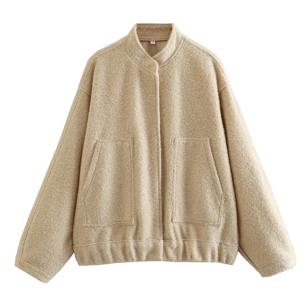 Boucle Stand Collar Patch Pocket Coat - Khaki