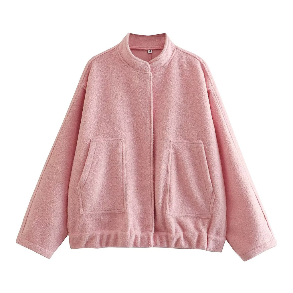 Boucle Stand Collar Patch Pocket Coat - Pink