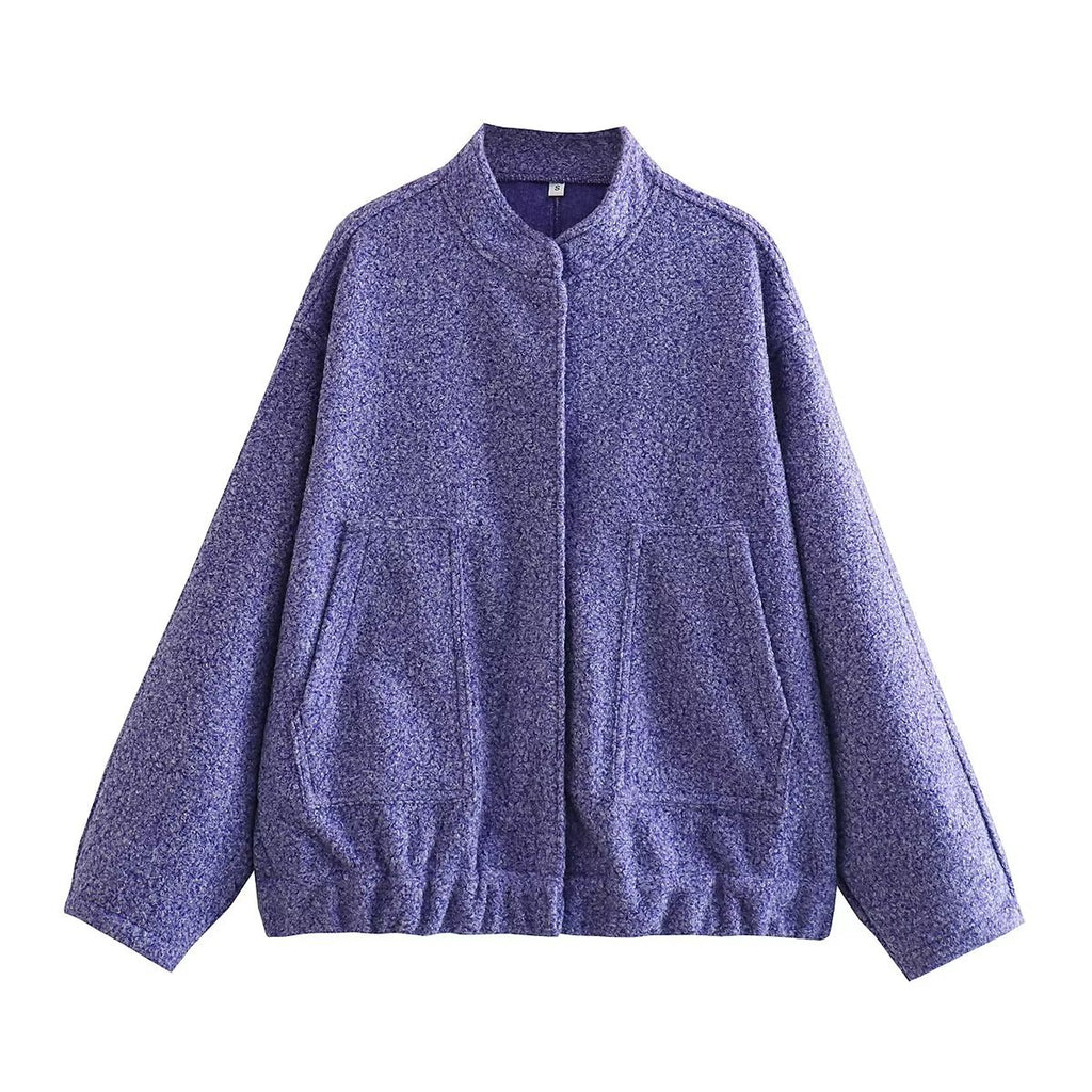 Boucle Stand Collar Patch Pocket Coat - Purple