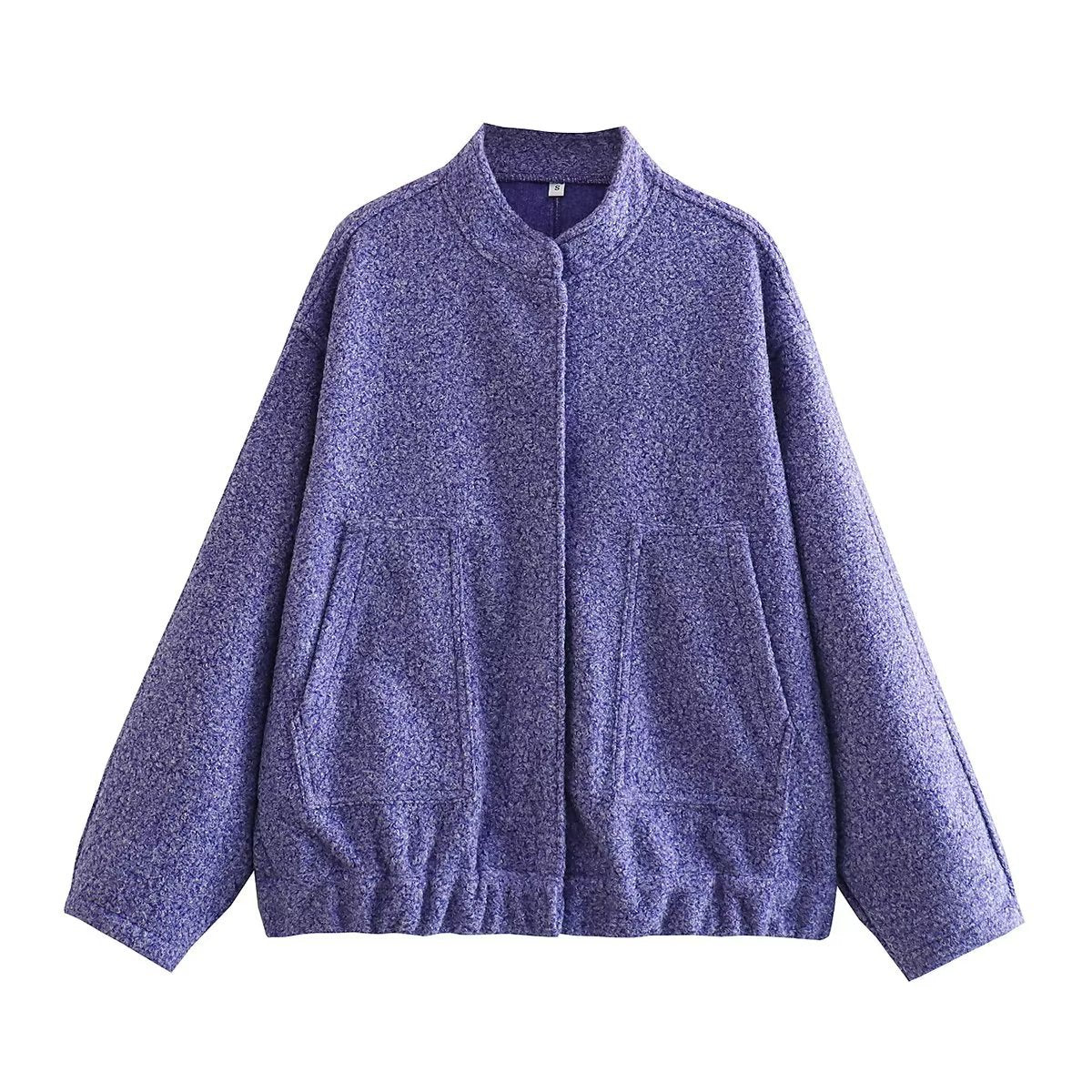 Boucle Stand Collar Patch Pocket Coat - Purple