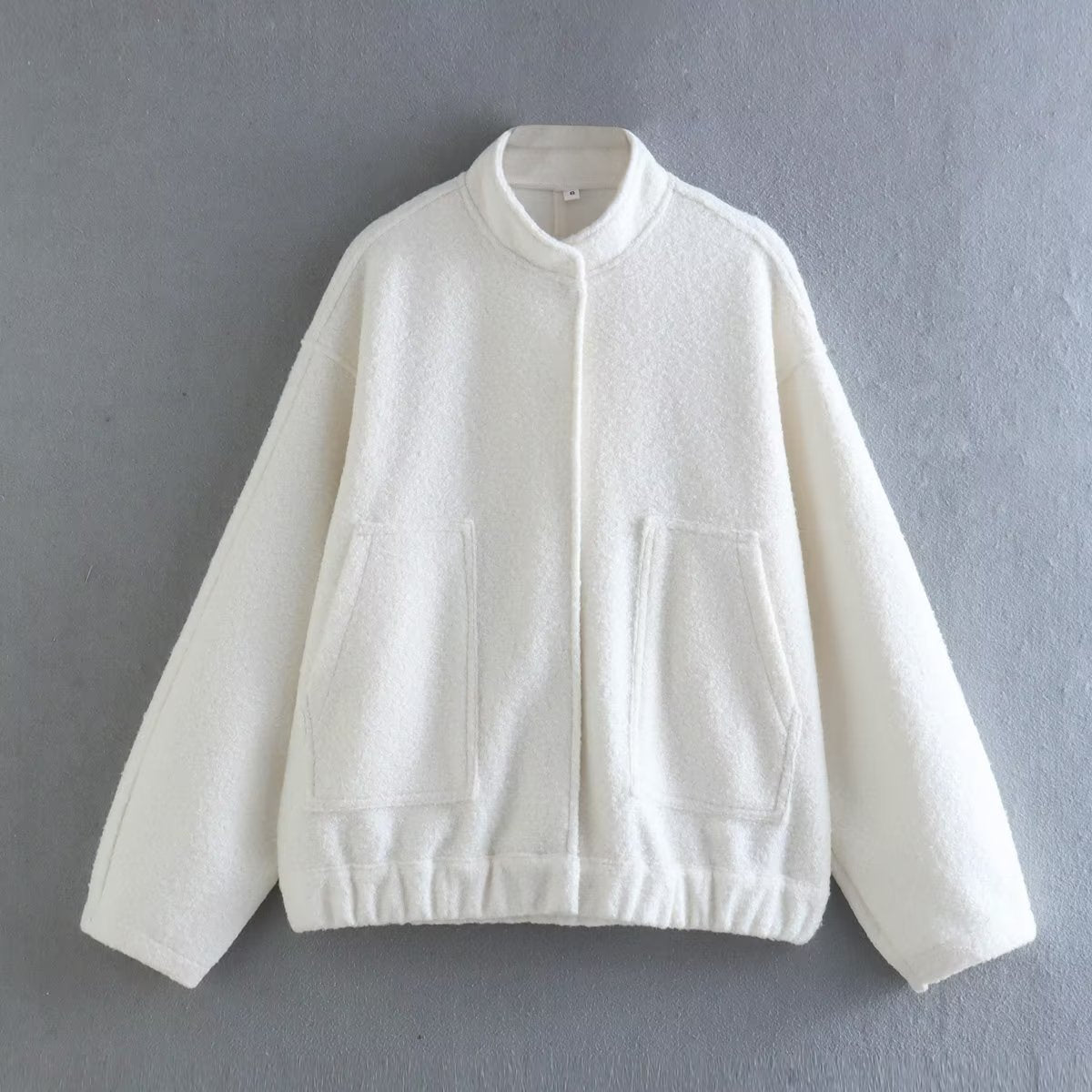 Boucle Stand Collar Patch Pocket Coat - White