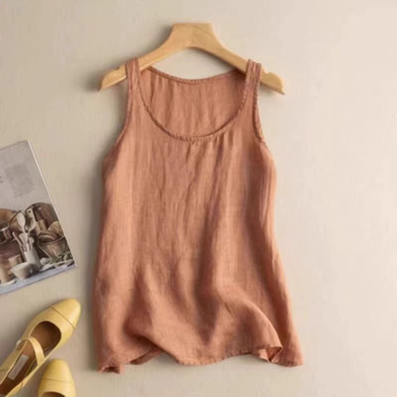 Round Neck Relaxed Linen Look Tank Top - Rust
