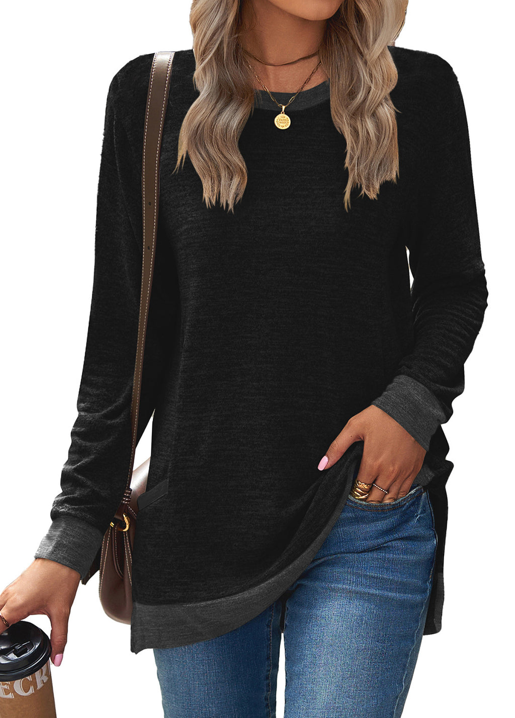 Contrast Cuff Pocket Brushed Knit Tunic - Black