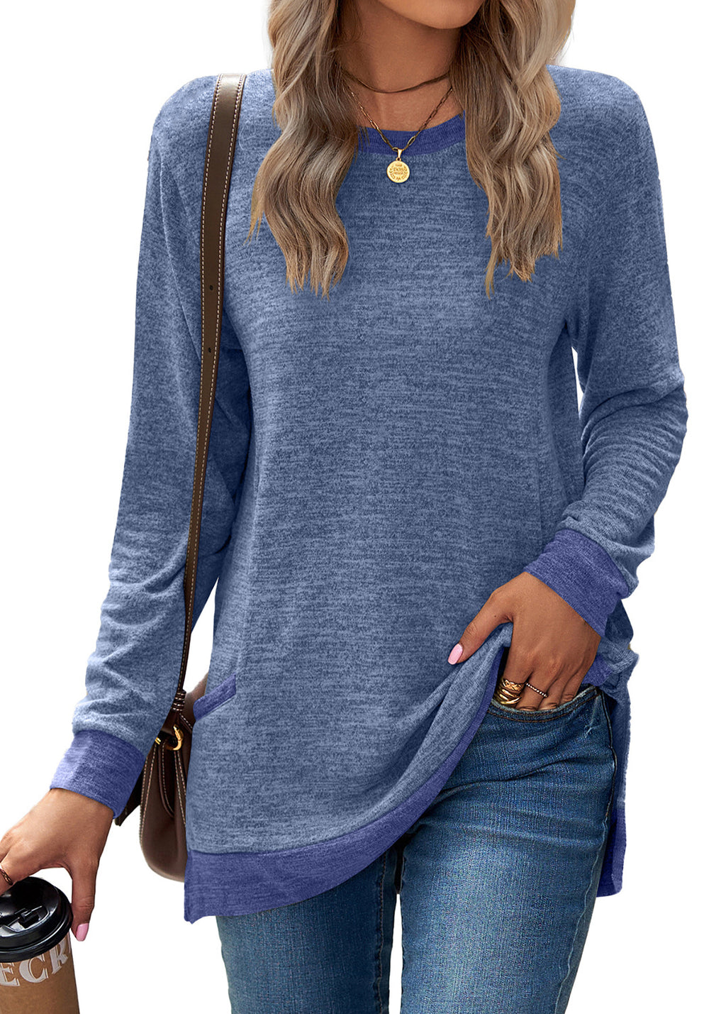 Contrast Cuff Pocket Brushed Knit Tunic - Blue