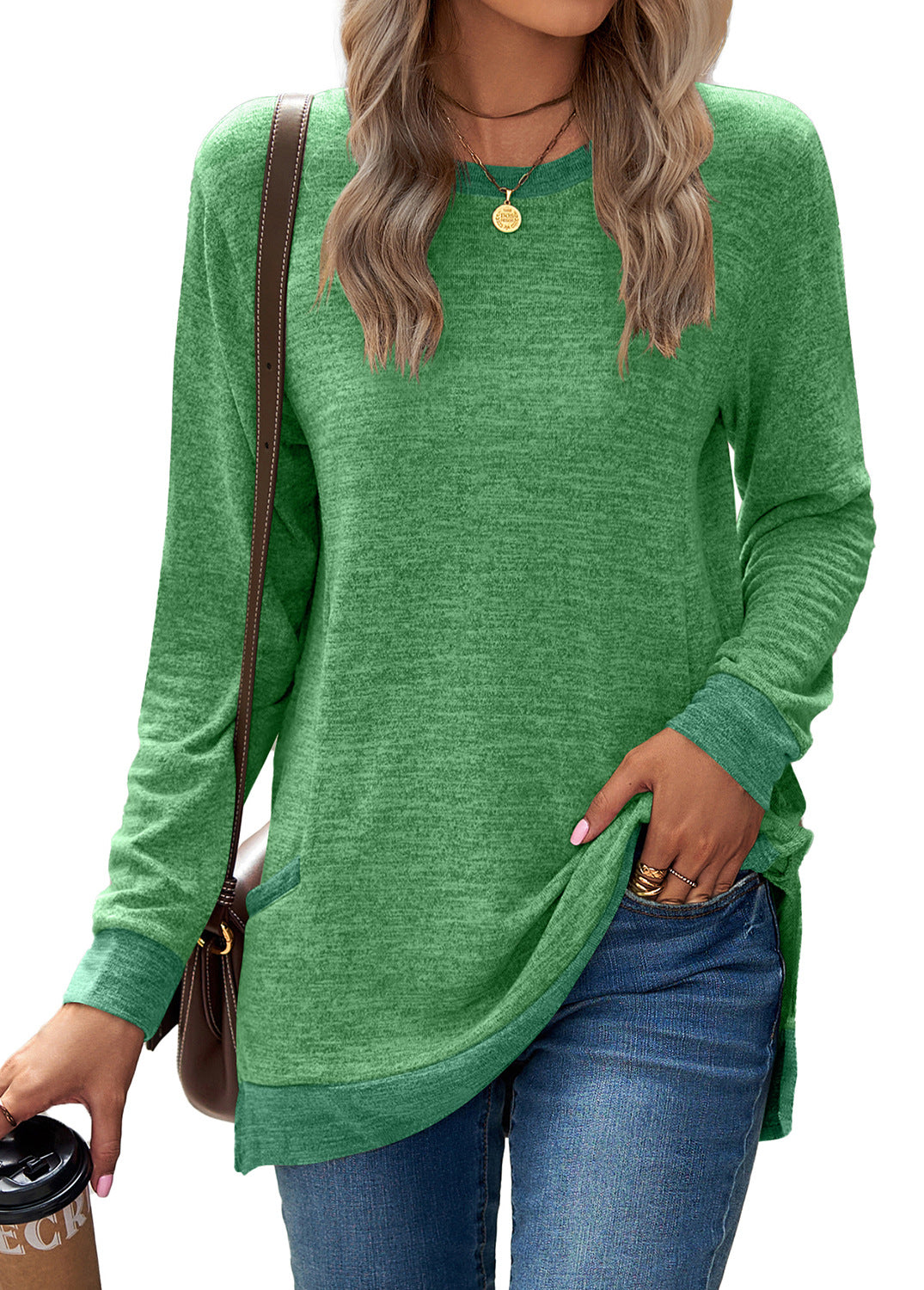 Contrast Cuff Pocket Brushed Knit Tunic - Green