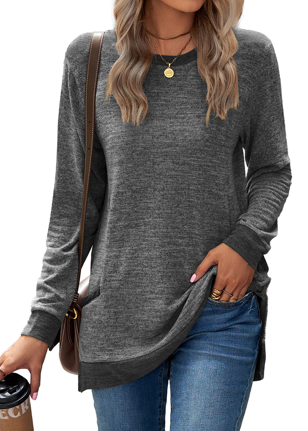 Contrast Cuff Pocket Brushed Knit Tunic - Grey