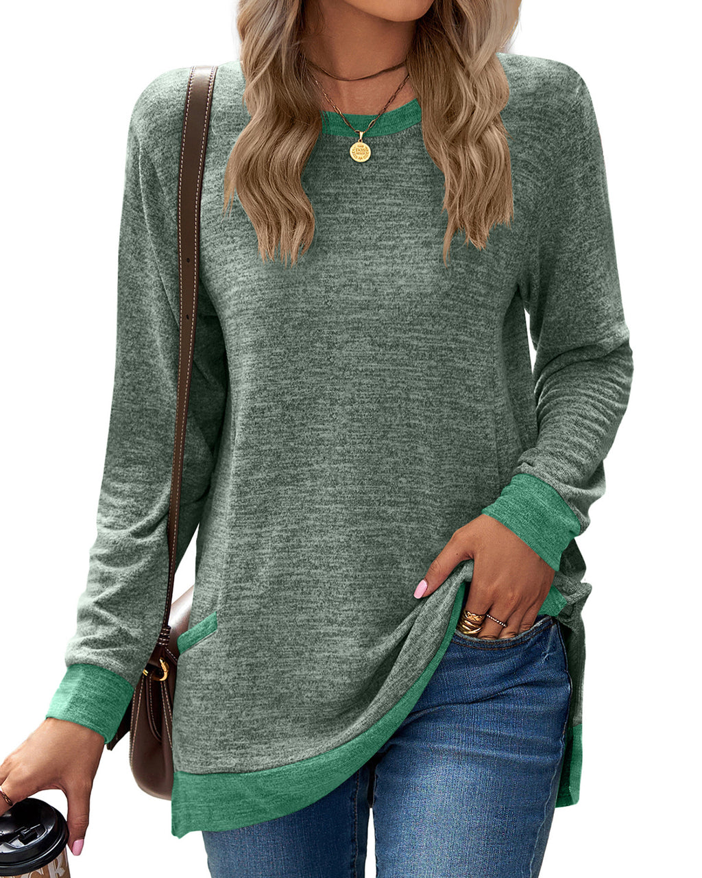 Contrast Cuff Pocket Brushed Knit Tunic - Olive