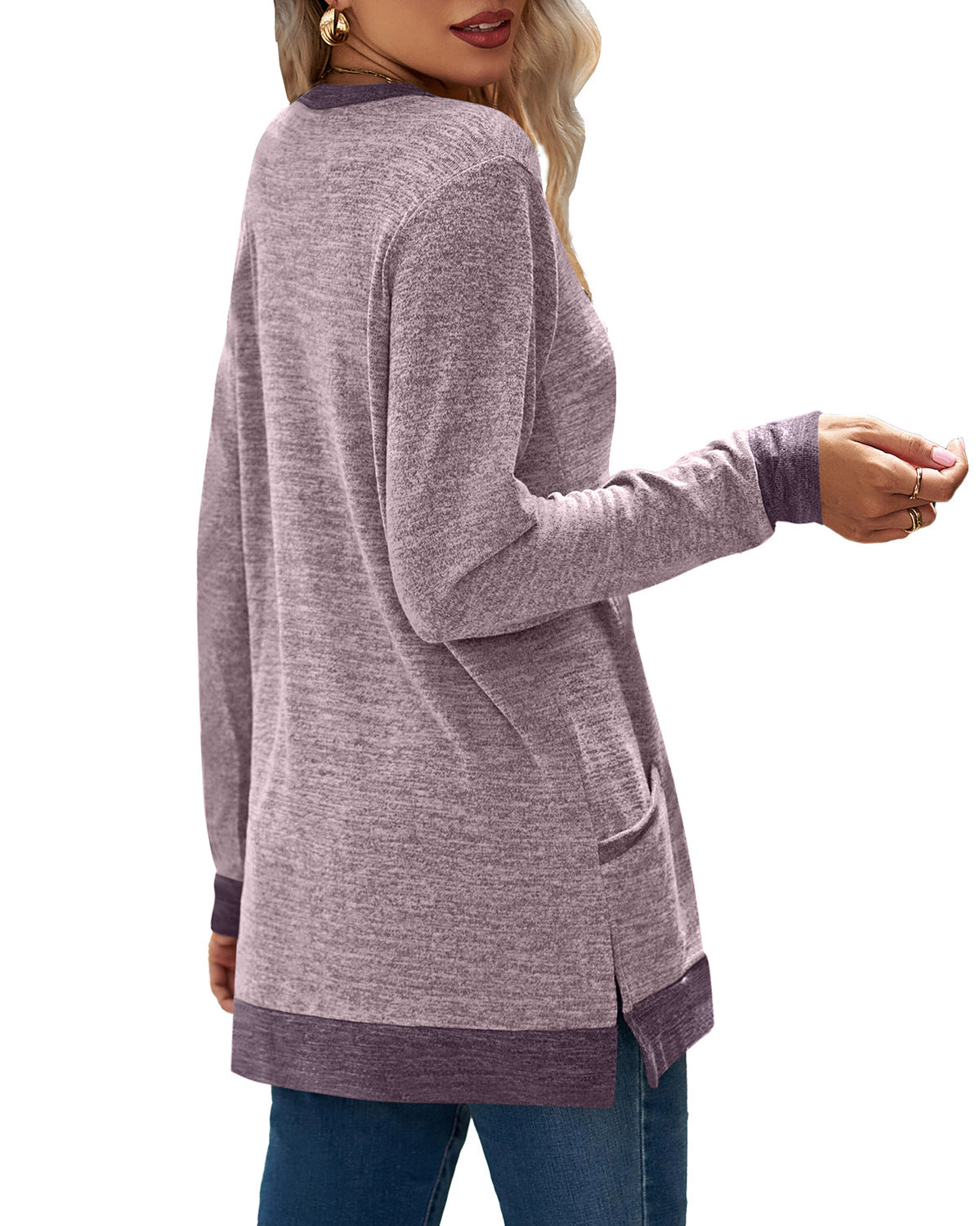 Contrast Cuff Pocket Brushed Knit Tunic - Pink - 3