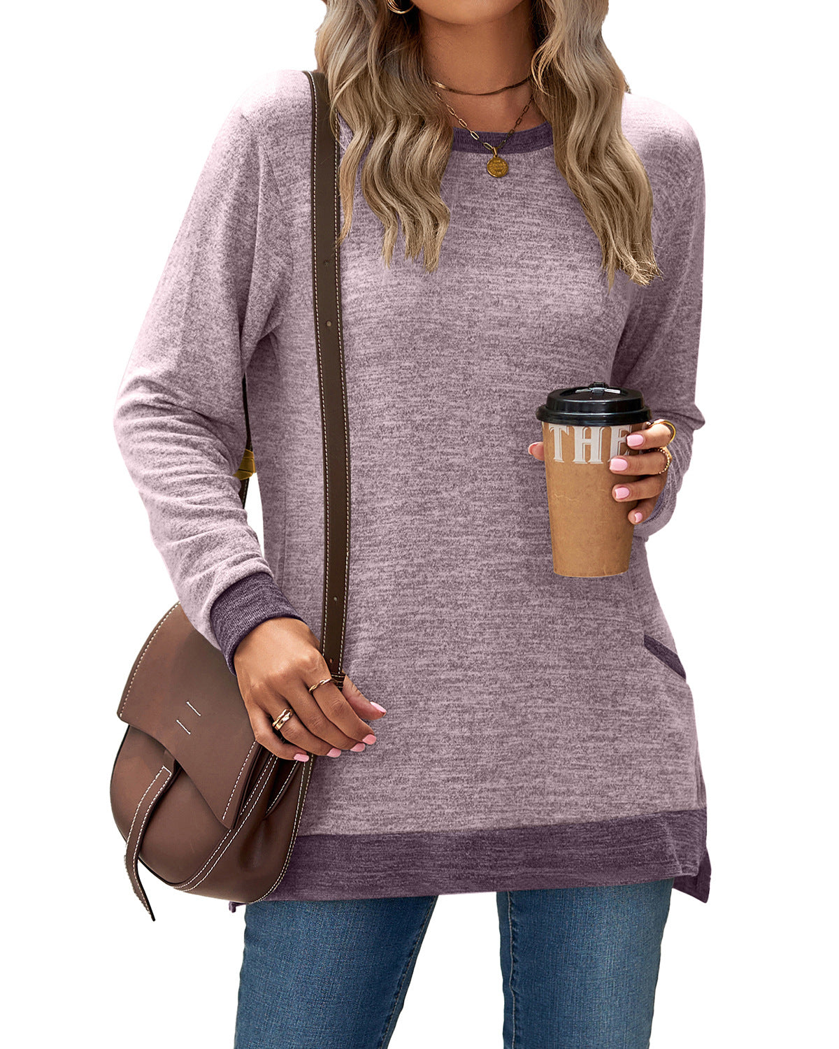 Contrast Cuff Pocket Brushed Knit Tunic - Pink - 4
