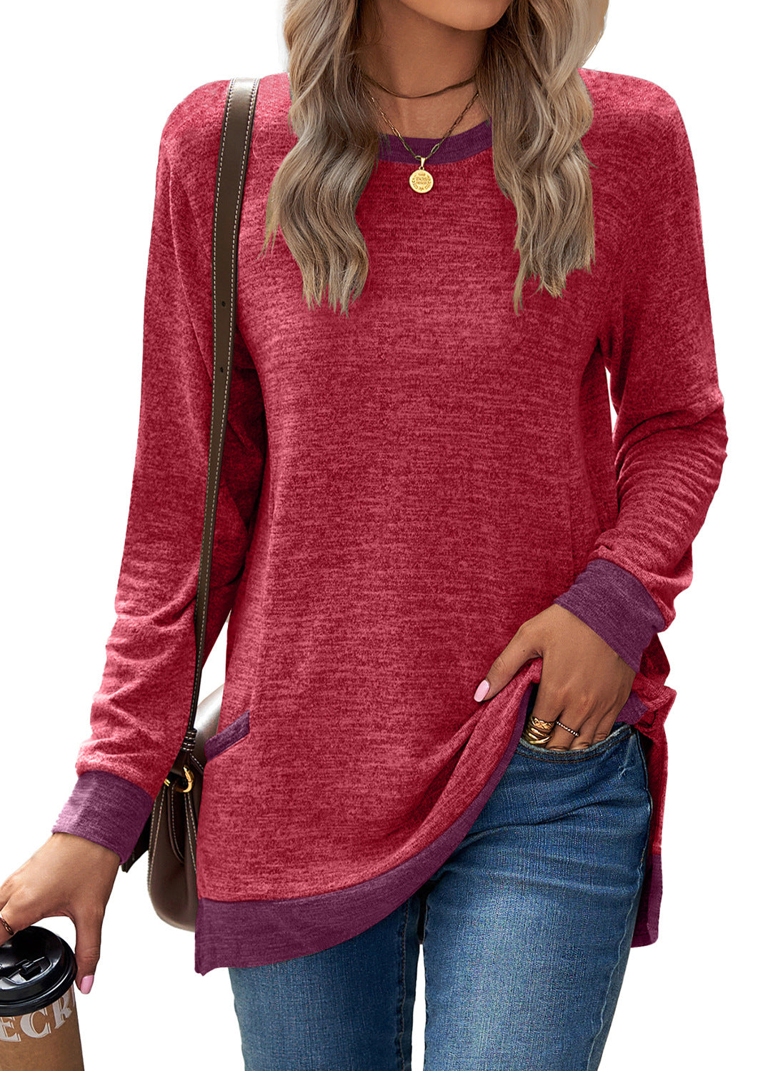Contrast Cuff Pocket Brushed Knit Tunic - Red