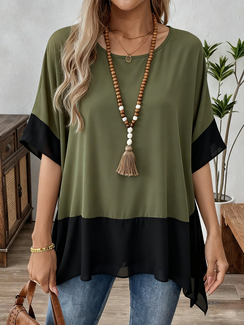 Color Block Handkerchief Hem Oversized Tee - Green