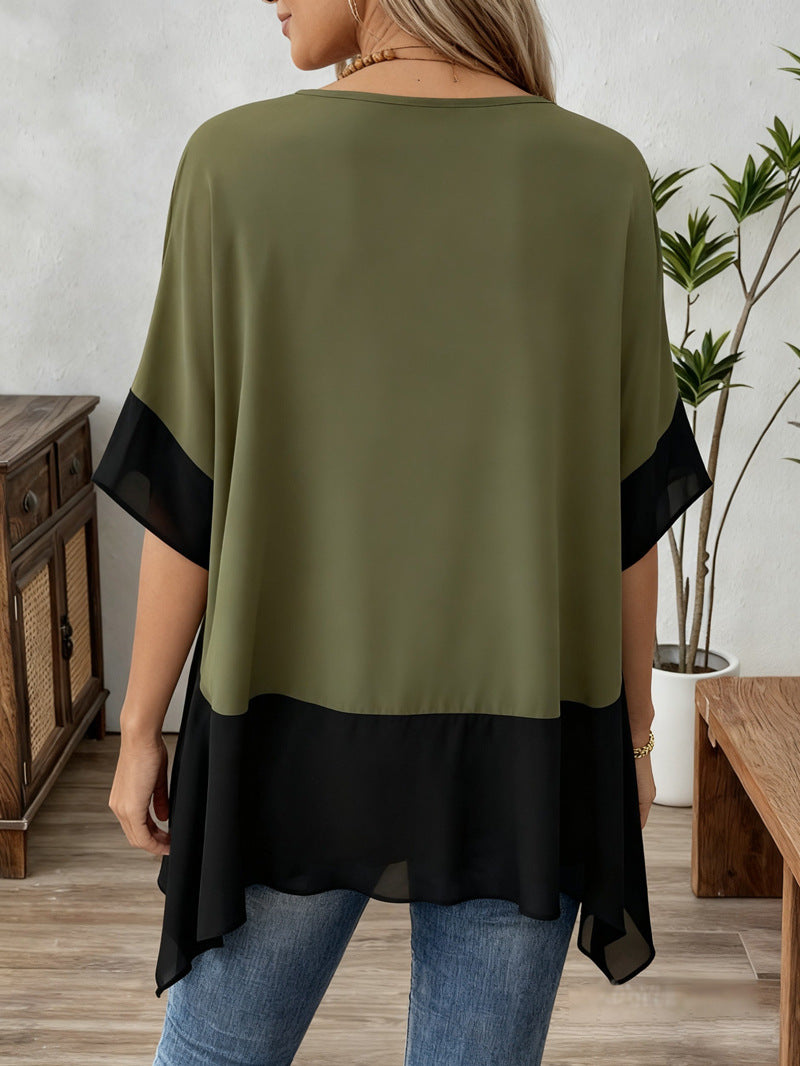 Color Block Handkerchief Hem Oversized Tee - Green - 1