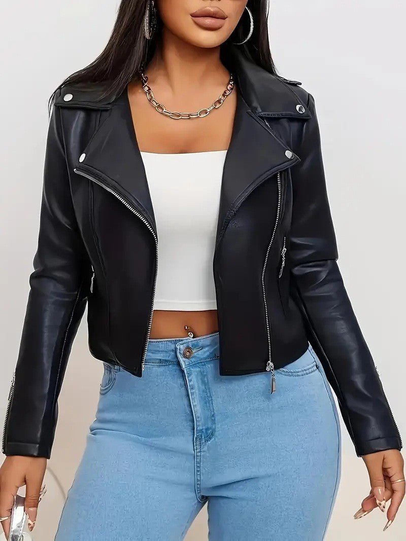 Cropped Faux Leather Asymmetric Zip Moto Jacket - Black