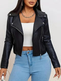 Cropped Faux Leather Asymmetric Zip Moto Jacket - Black
