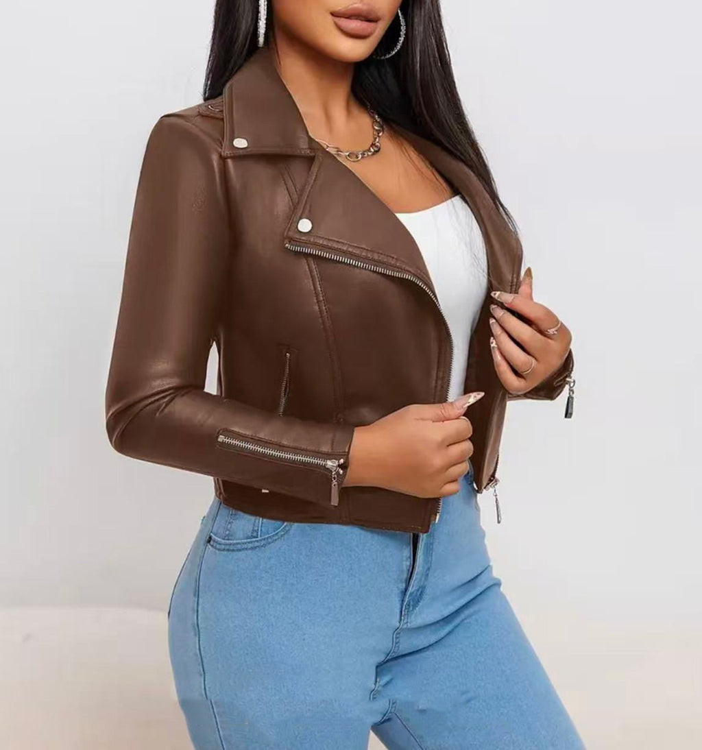 Cropped Faux Leather Asymmetric Zip Moto Jacket - Brown