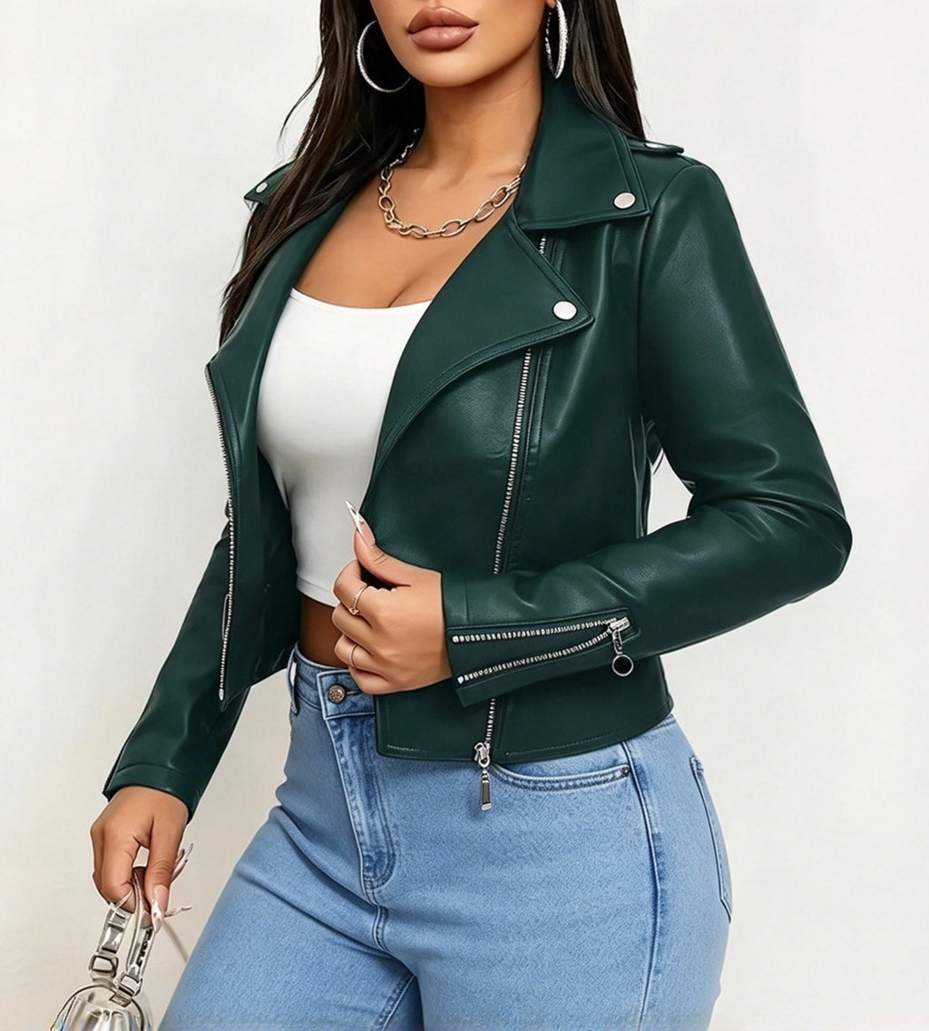 Cropped Faux Leather Asymmetric Zip Moto Jacket - Dark Green