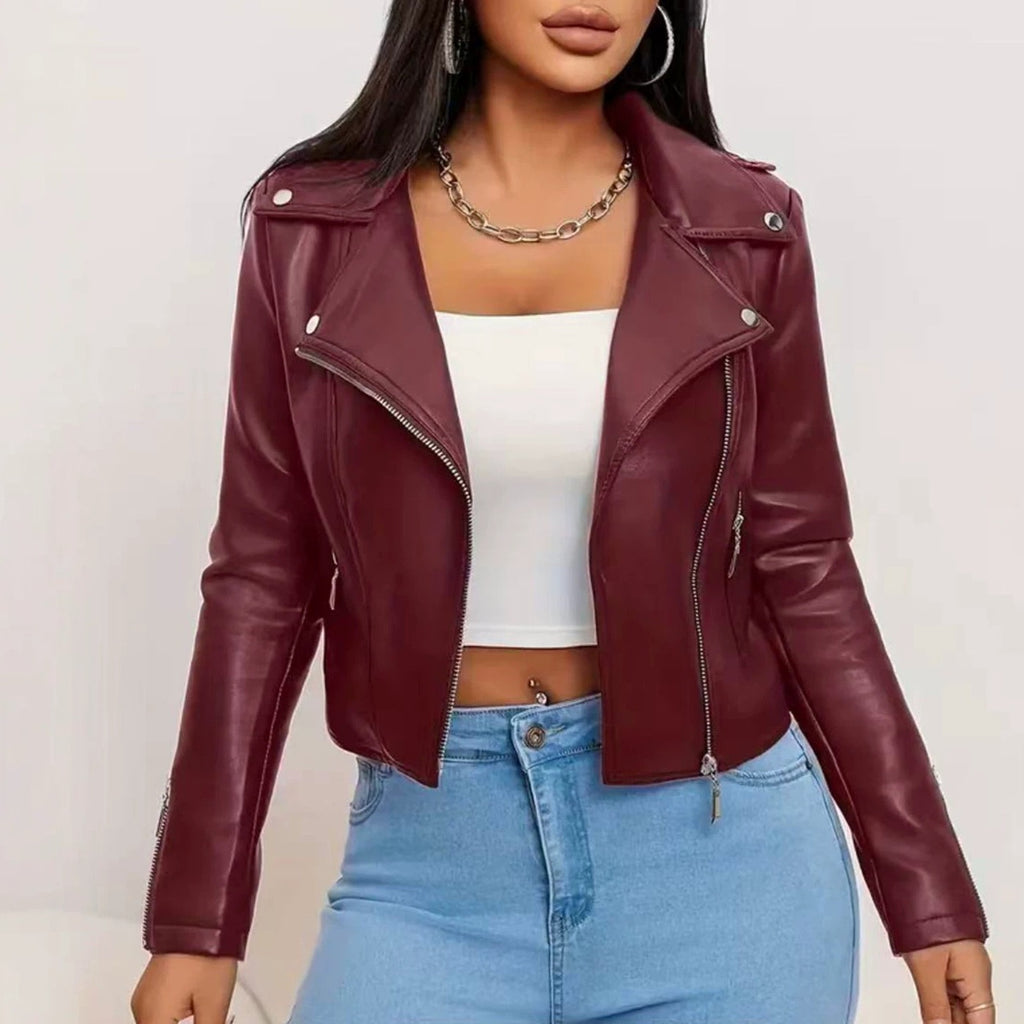 Cropped Faux Leather Asymmetric Zip Moto Jacket