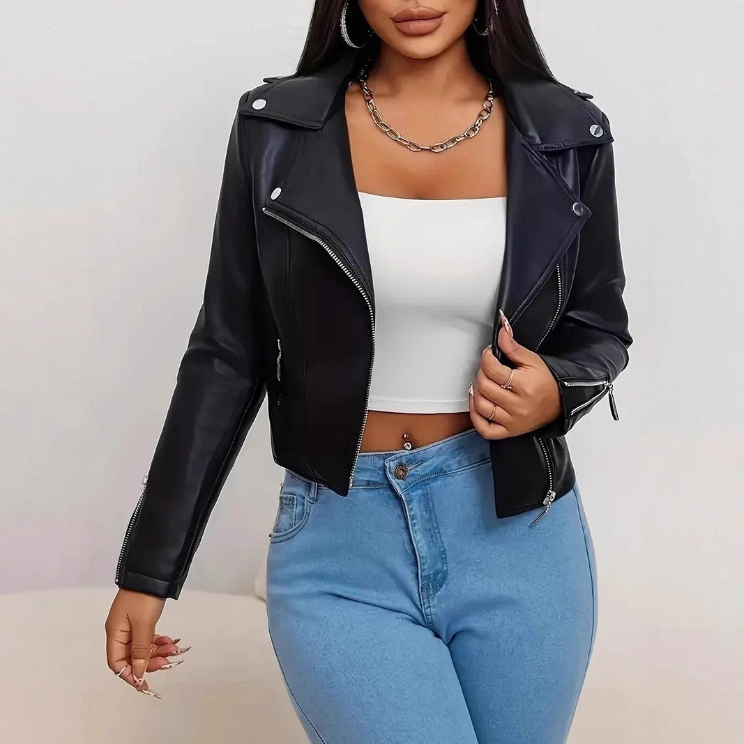 Cropped Faux Leather Asymmetric Zip Moto Jacket