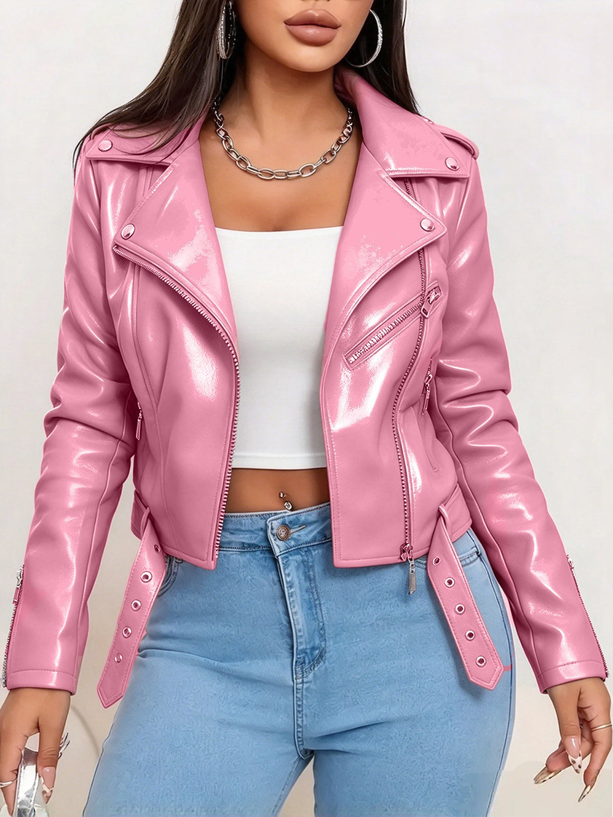 Cropped Faux Leather Asymmetric Zip Moto Jacket